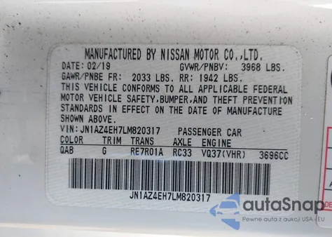 2020 Nissan 370Z Sport Touring 7-Speed Automatic z USA, uszkodzony, nr VIN JN1AZ4EH7LM820317